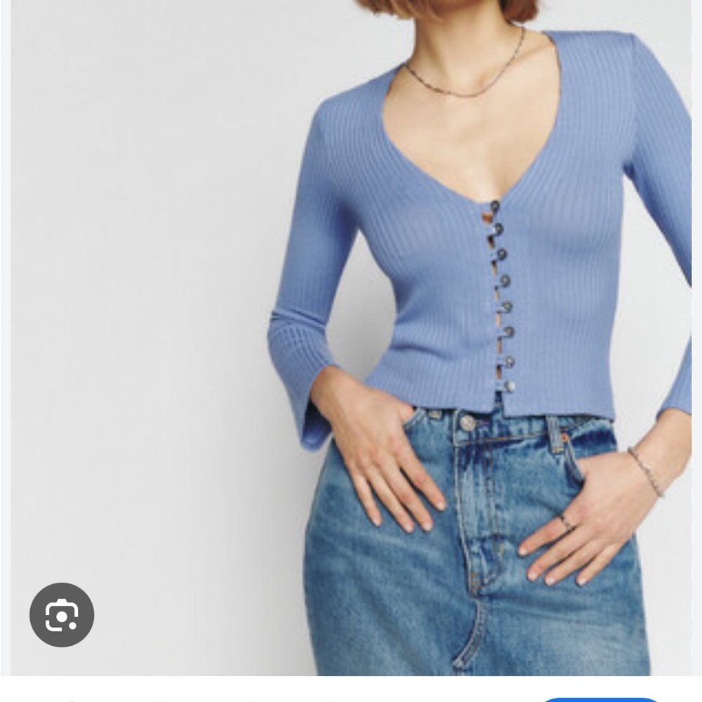Reformation Blue Button-Up Ribbed Cardigan